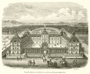 Utsikt över Chateau de Richelieu i Poitou, byggd av Lemercier (gravyr) av French School