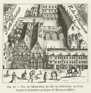 Utsikt över Hôtel-Dieu från Petit-Pont-sidan, 1702; enligt Practical Geometry of Manesson-Mallet av French School