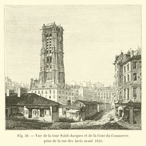Utsikt över Saint-Jacques-tornet och Cour du Commerce, tagen från rue des Arcis före 1830 av French School