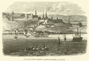 Utsikt över staden Quebec, Kanadas huvudstad, 1720 (gravyr) av French School