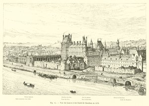 Utsikt över Louvren och Hotel de Bourbon 1576 av French School