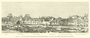 Utsikt över Louvren och Quai de lEcole-Saint-Germain, cirka 1640, Faksimil av en gravyr från La Belle av French School