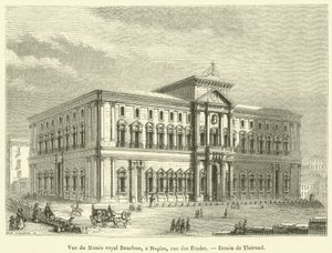 Utsikt över Royal Bourbon Museum, i Neapel, rue des Etudes (gravyr) av French School