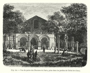 Utsikt över Palais des Thermes i Paris, tagen från trädgårdarna på Hôtel de Cluny (gravyr) av French School