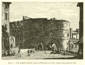 Vy över Petit Chatelet, tagen vid Petit-Pont, 1780; från en gravyr av Nee av French School