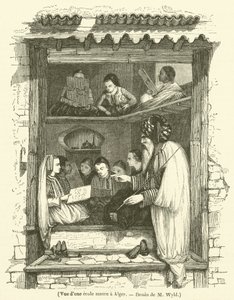 Vy över en morisk skola i Alger (gravyr) av French School