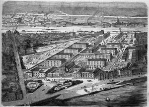 Exteriörvy av Hotel Dieu (Hotel-Dieu) i Nantes, invigt 1863. Detta sjukhus förstördes nästan helt under ett bombardemang 1943. Loire Atlantique (44). Gravyr i ""Le Monde Illustre"" nr 347 den 5 december 1863. av French School