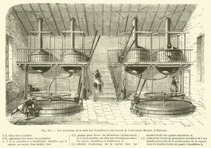 Interiörvy av pannrummet och bryggeriet i Riester-bryggeriet, i Puteaux (gravyr) av French School