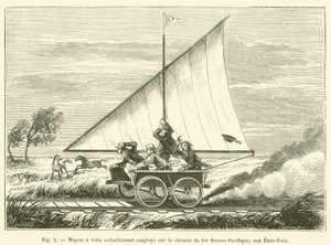 Segelvagn för närvarande anställd på Kansas-Pacific Railroad, USA (gravyr) av French School