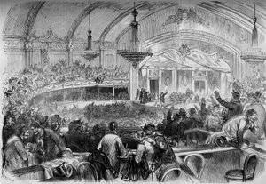 Kriget 1870 - val till lagstiftande under vapenstilleståndet - Februari 1871: valmöte på Cabaret des Folies Bergeres i Paris för proklamation av kandidater till nationalförsamlingen. Gravyr i "" Le Monde Illustré"" nr 722 av 11 februari 187 av French School