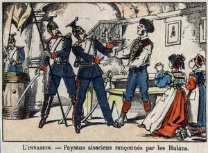 Kriget 1870 mellan Frankrike och Preussen: Elsassiska bönder urföljs av Hulans (Uhlans, Houlans) bild av Epinal. av French School