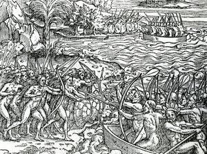 Krigsscen, Brasilien, illustration från "Singularities of France Antarctique", av Andre de Thevet, 1558 av French School