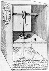 Water Clock, illustration från The Reasons for Moving Forces, av Salomon de Caus, publicerad 1615 av French School