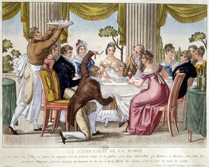 Bröllopsmåltid, strumpebandsritual - c. 1812. av French School