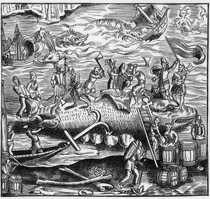 Valfiske på den franska kusten av Atlanten under medeltiden. Gravyr i "La Marine et les colonies: handel" av French School