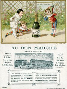 Vilken tur! en flaska champagne; fram- och baksidan av ett reklamkort för Bon Marché-varuhusen i Paris, ca 1895 av French School