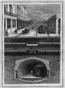 Vad finns under London (Storbritannien): Gasledning, vattenrör, pneumatiskt rör för avfall, avlopp, tunnel och järnväg för storstadsområden. Gravyr i "" La Nature. Revue des sciences et de ses applications aux arts et à l