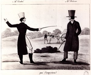 Vem kommer att vinna? Scen från duellen mellan M. Cintre och M. Bolivar, ca 1820 av French School