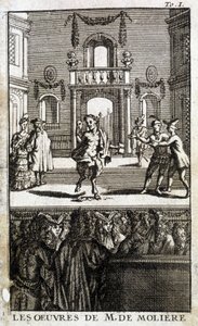 Vilda djur och karaktärer på scen med allmänheten - i "The Works of M. de Molière"" av French School