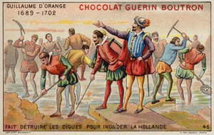 William av Orange förstör vallar för att möjliggöra översvämning av Holland (chromolitho) av French School