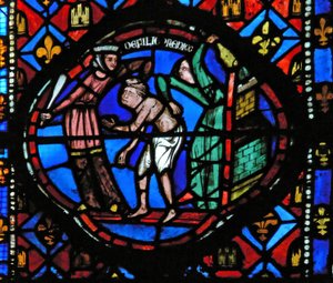 Window Ew-L som skildrar en scen från historien om den förlorade sonen: han kastas ut av coutesanerna av French School