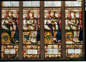 Fönster föreställande Francois de Bourbon (1539-92) Prins Dauphin, Rene dAnjou (1550-74) Duchesse de Montpensier, Henri de Bourbon (1573-1608) Duc de Montpensier och Catherine de Joyeuse, Duchesse de Guis av French School