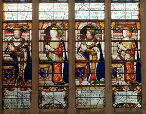 Fönster föreställande Jacques de Bourbon (1315-61) Comte de la Marche, Jeanne de Chatillon-Saint-Pol (d.1371) Jean I de Bourbon (1361-94) och Catherine, Comtesse de Vendome av French School