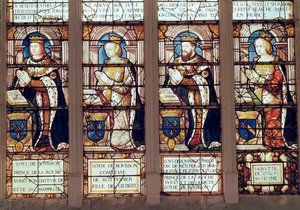 Fönster föreställande Louis de Bourbon (1465-1520) Prins av La Roche-sur-Yon, Louise de Bourbon (d.1561) Comtesse de Montpensier, Louis II de Bourbon (1513-82) Duc de Montpensier och Jacquette de Longwy ( av French School