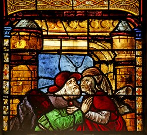 Fönster som visar Saint Anne och Joachim vid Golden Gate (målat glas) av French School