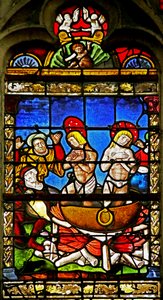 Fönster som visar Saint Crepin och Saint Crepinien: Martyrdomen (målat glas) av French School