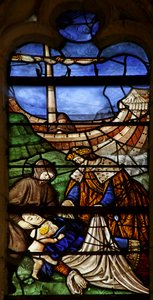 Fönster som visar Sankta Maria Magdalena: Grevinnan av Provence dör på pilgrimsfärd till det heliga landet (målat glas) av French School