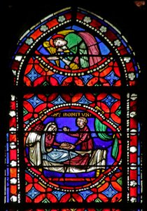 Fönster som visar scen från Saint Bonnets liv: Healing of a Blind Woman av French School