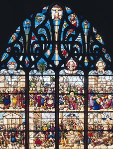Fönster som visar scener från St. Stephens och St. Lawrences liv, från Chapelle Bonne-Mort av French School