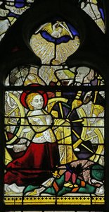 Fönster som visar St Catherine som ber och änglar som bryter hjulet genom att kasta sten, 1460-70 av French School
