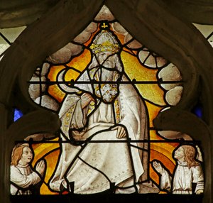 Fönster som visar en scen från Uppenbarelseboken: Gud med skäran (målat glas) av French School