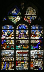 Fönster som visar den sista måltiden och processionen av det heliga sakramentet, 1530 av French School
