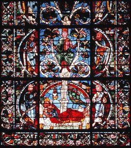Fönster som visar Jesses träd, detalj av den nedre halvan (målat glas) av French School