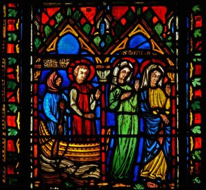 Fönster n1-C som visar en scen från Maria Magdalenas liv - hon anländer till Marseille av French School