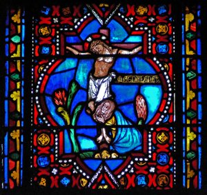 Fönster n1-L som skildrar en scen från Maria Magdalenas liv - helgonet vid korsets fot av French School