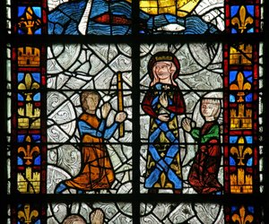 Fönster n1 föreställande Saint Radegonde: Ett botemedel vid helgongraven; från gikt? (Förmodligen inte den traditionella Godas-kuren) av French School