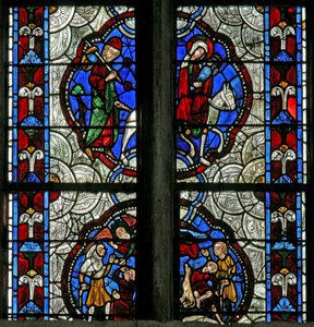 Fönster n3 som visar bebådelsen till herdarna; flykten till Egypten av French School