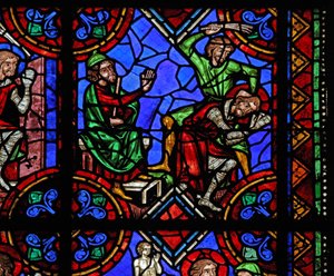 Fönster w06 som visar historien om St Julianus av Brioude - St Ferreol, en vän till Julien, som dog under Diocletianus förföljelser, fångas och misshandlas av French School