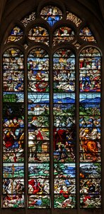 Fönster w124 föreställande Abraham och Melkisedek; St James i strid med morerna i Spanien; scener ur St James liv av French School
