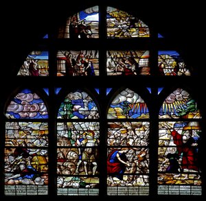 Fönster w128 som visar scener från Moses historia; korsar Röda havet; samla manna av French School
