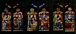 Fönster w132 som visar bebådelsen, födelse: Mary Cleophas med St James Less: Mary Salome med St John: St Anne med Jungfrun som en treenighet av French School