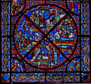 Fönster w15 som visar historien om St Stephens reliker: den nedre delen av fönstret av French School