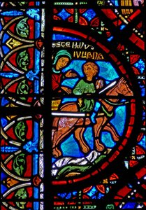 Fönster w15 som visar historien om St Stephens reliker: relikerna förs till Konstantinopel av French School