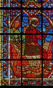 Fönster w204 som visar kyrkans skepp med St Peter och St Paul av French School