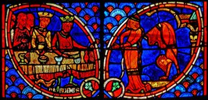 Fönster w20 som visar en scen från Johannes Döparens liv: Salome dansar för Herodes av French School