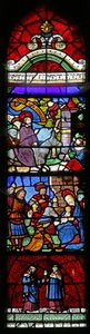 Fönster w22 som visar inträdet till Jerusalem; Tillbedjan av Magi; Ss Cosmos och Damian av French School